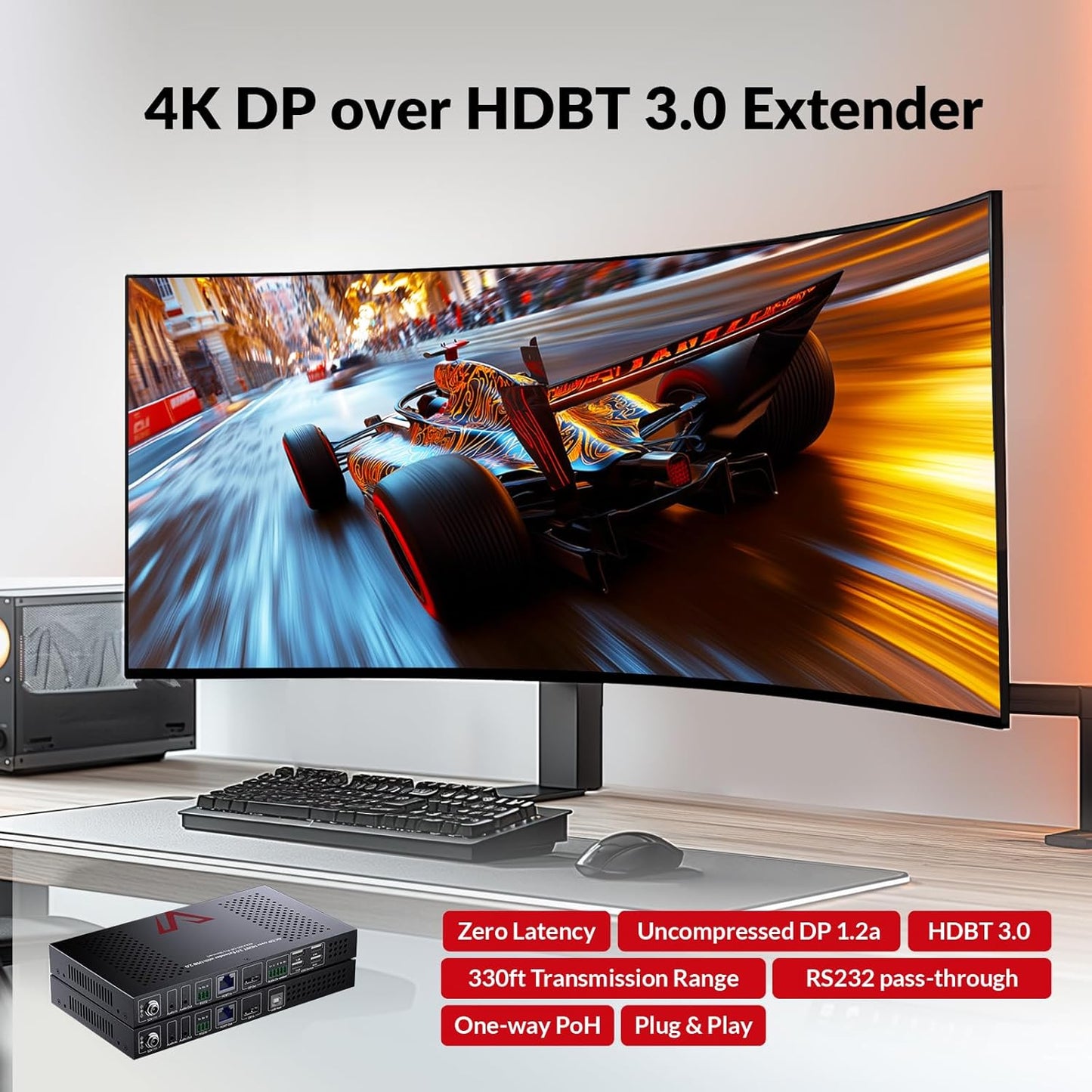 AV Access 4K DisplayPort 1.2a KVM Extender DP Over Ethernet HDBaseT 3.0 PoE, Uncompressed 4K Transmission up to 100m/330ft, 144-240Hz, 4*USB 2.0 Ports, 2-Way Audio, Zero Latency (4KEX100-DP-Pro)