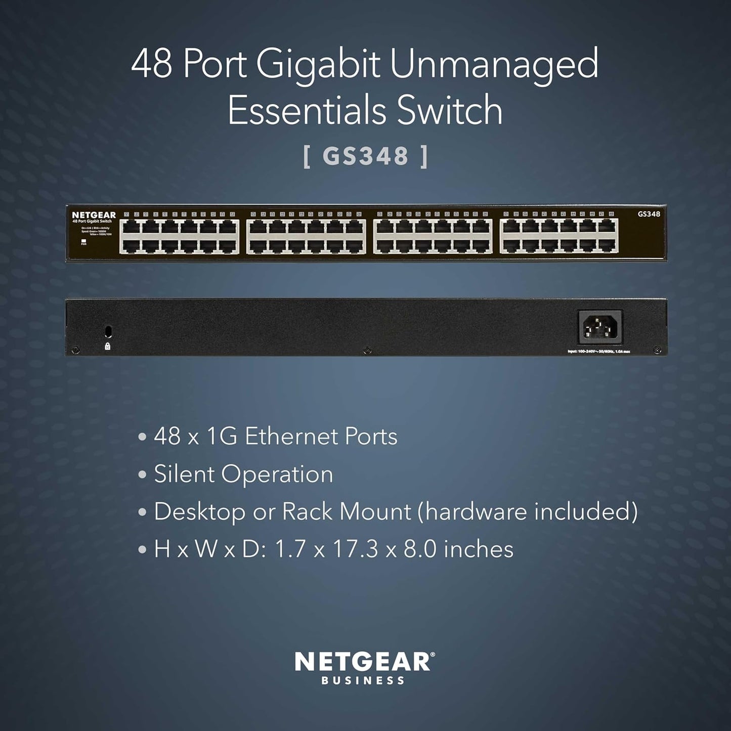 NETGEAR 48-Port Gigabit Ethernet Unmanaged Essentials Switch (GS348) - Desktop or Rackmount, Silent Operation