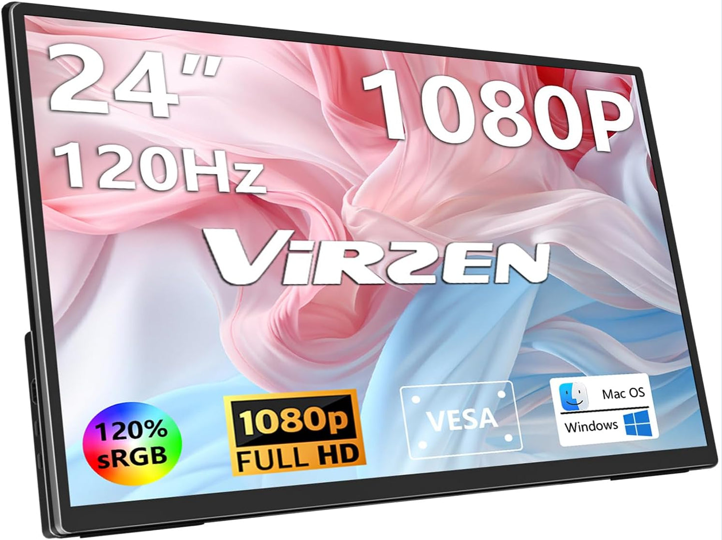 24'' Large Portable Monitor, FHD 120HZ 120% SRGB IPS USB-C HDMI Work Home Gaming Built-in Stand Speakers Second Monitor 1080P for Laptop, MacBook, Phones