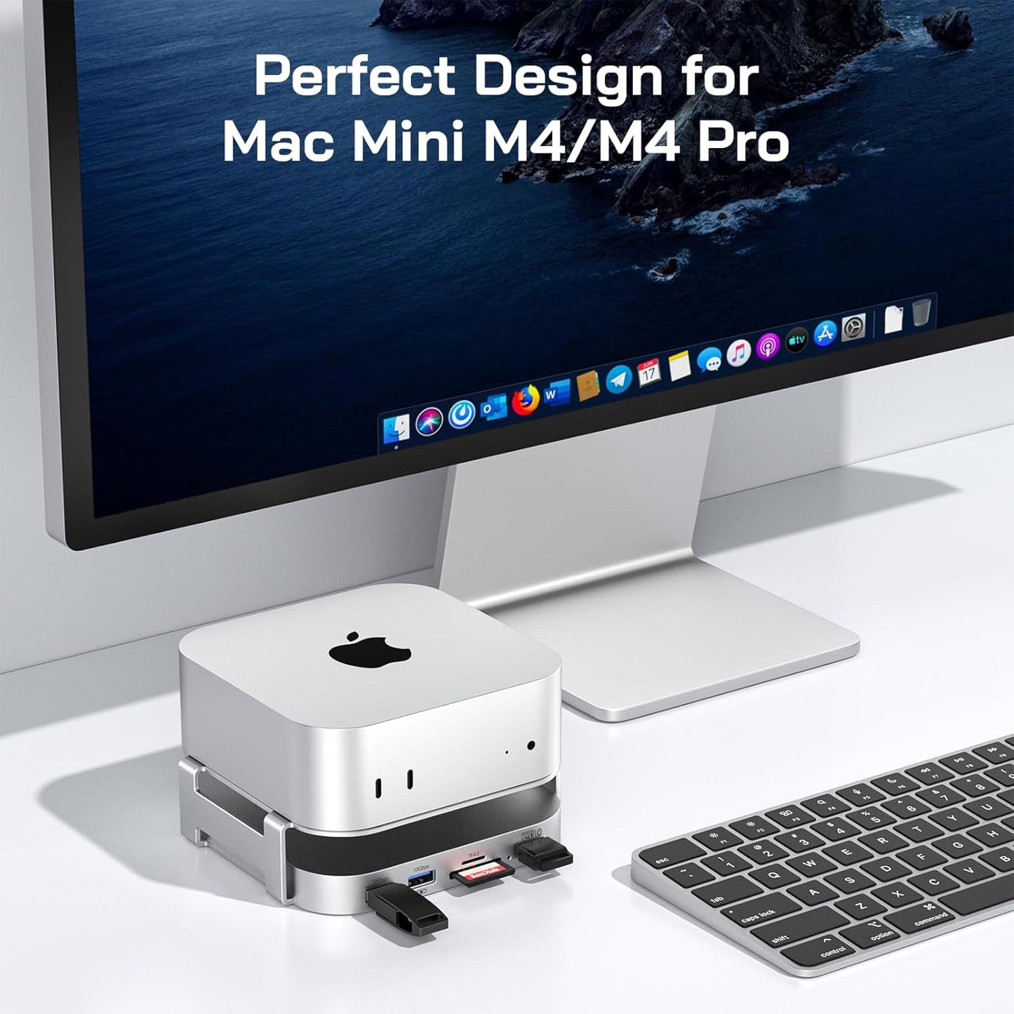M-ac Mini M4 Dock with 4TB Sam-Sung T7 Portable SSD Enclosure(SSD NOT Included), 7-in-1 Aluminum Hub & Stand for Mac mini M4 and M4 Pro 2024, 10Gbps USB A 3.2, 15CM USB C Cable, SD/TF 4.0 Card Reader