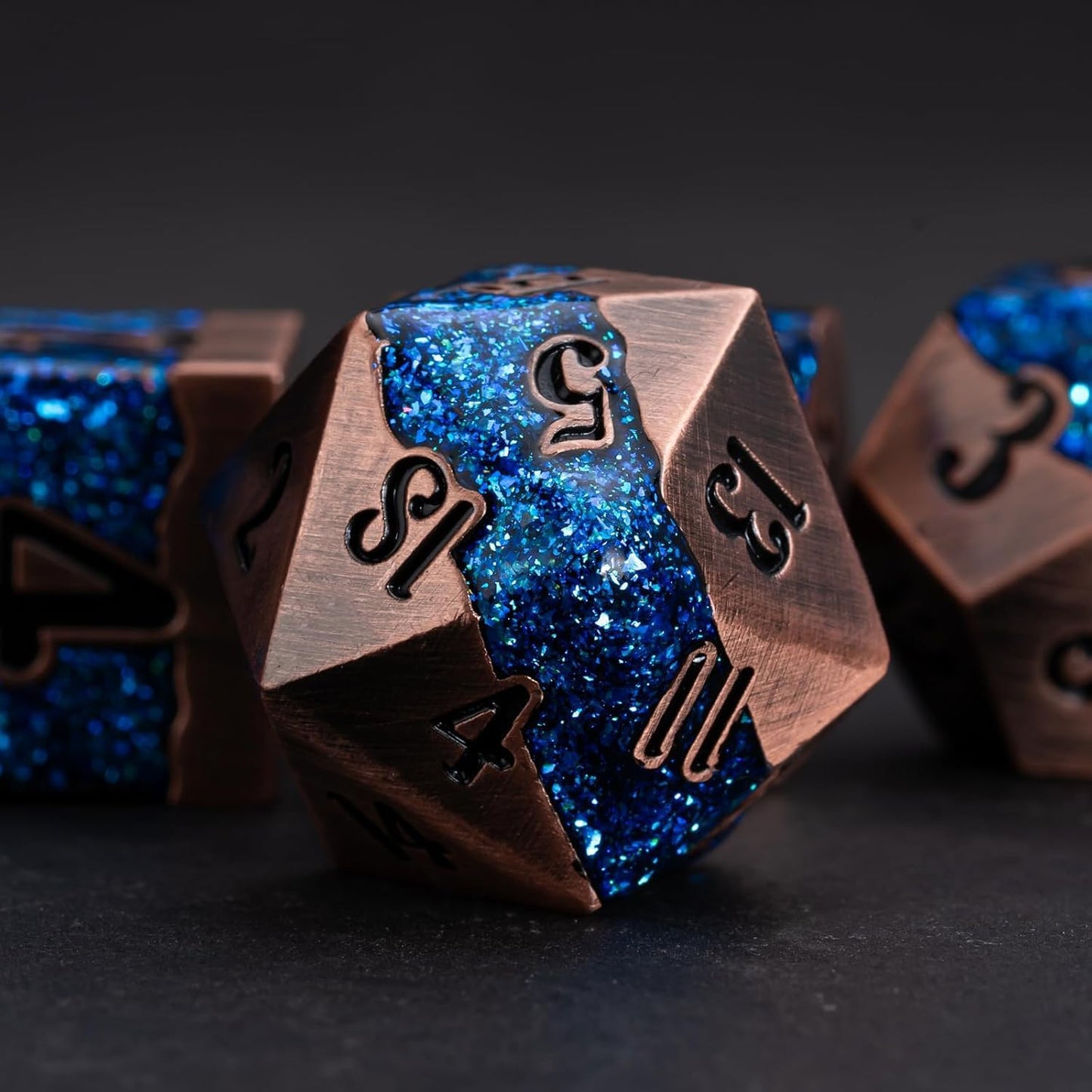 Metal DND Polyhedral Dice,Large Stripe Glitter Metallic Dice Set,Antique Silver Dice 7pcs Set for Role Playing Games(Antique Copper Blue)