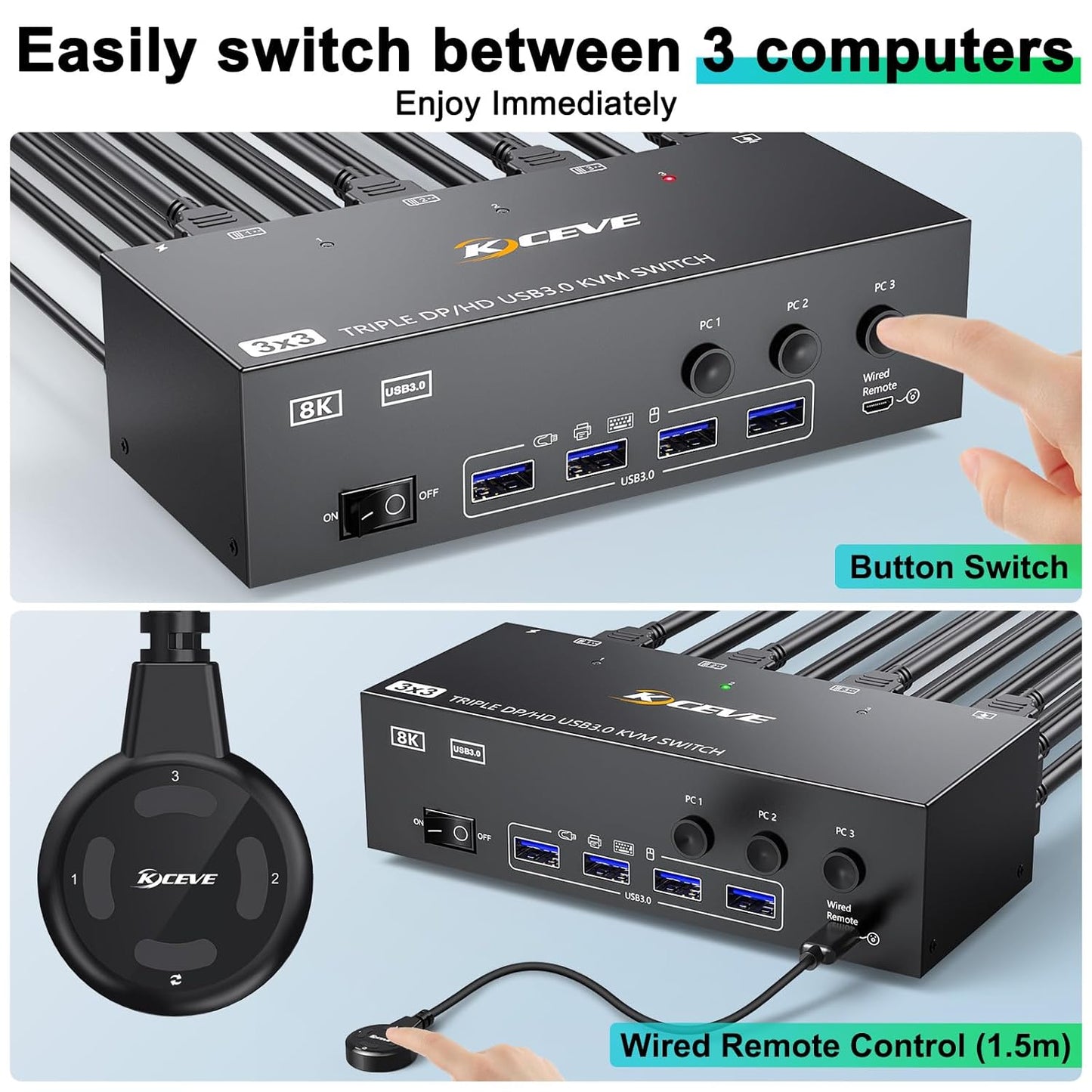 KVM Switch 3 Monitors 3 Computers 8K@60Hz, MLEEDA HDMI + 2* Displayport Triple Monitor KVM Switch,3 Monitor KVM with 4 USB 3.0 Ports for Keyboard Mouse Printer, Wired Remote and Power Adapter Included