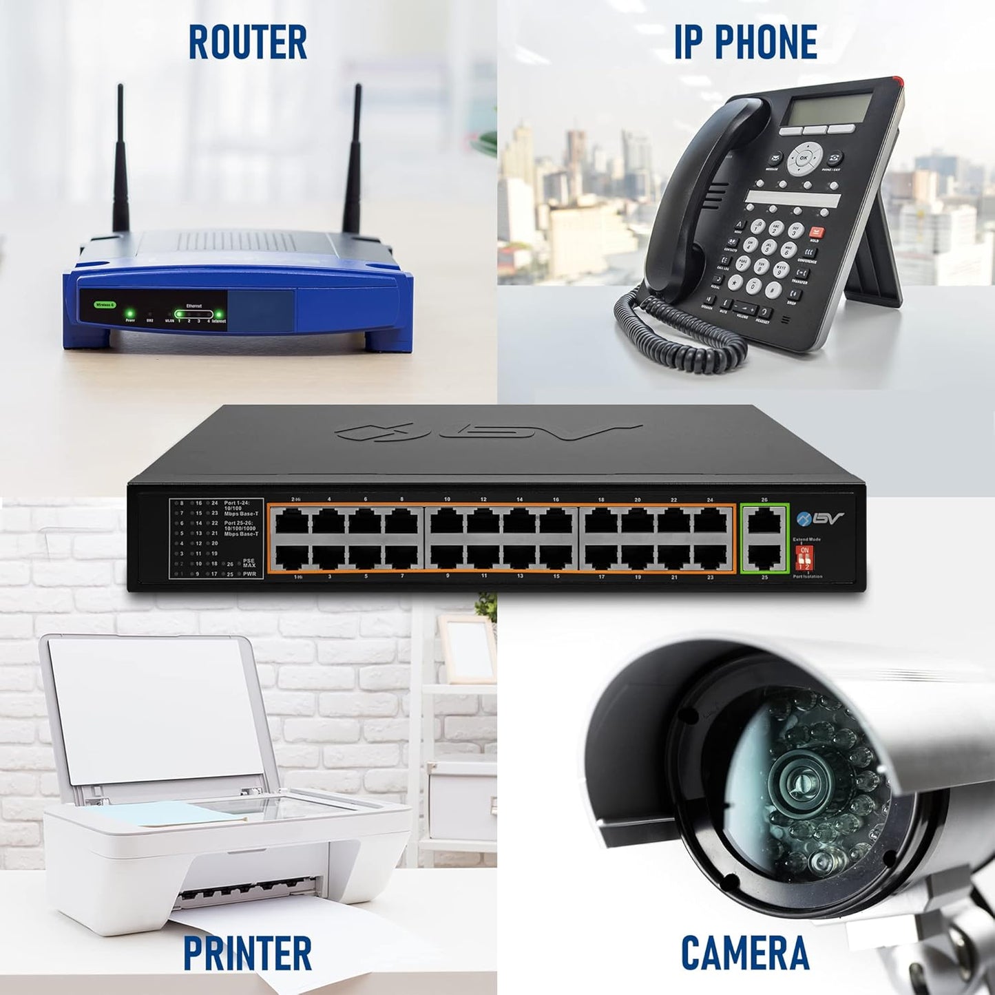 BV-Tech 24 Port PoE+ Switch with 2 Gigabit Ethernet or SFP Uplink, Long Range | POE-SW2402