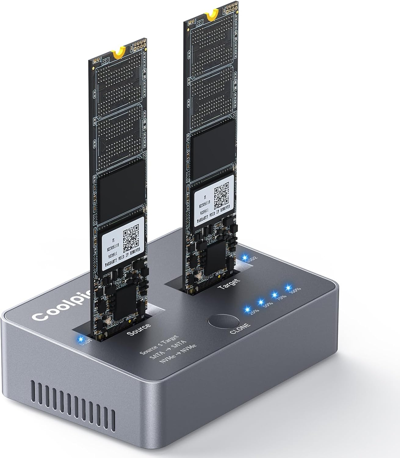 M.2 NVME/SATA Duplicator, Coolpie CR121 Dual-Bay Offline Clone M.2 NVME/SATA Docking Station, USB3.2 Gen2*2 20Gbps M.2 Cloner for SSD Size 2230/2242/2260/2280/22110