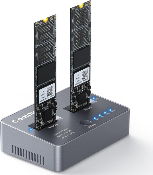 M.2 NVME/SATA Duplicator, Coolpie CR121 Dual-Bay Offline Clone M.2 NVME/SATA Docking Station, USB3.2 Gen2*2 20Gbps M.2 Cloner for SSD Size 2230/2242/2260/2280/22110