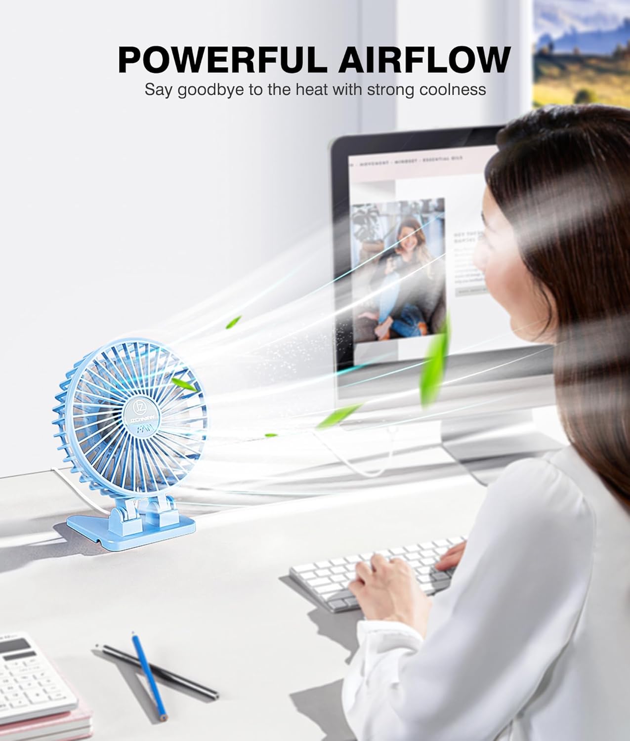 JZCreater USB Desk Fan, Portable Fan Mini, 3 Speeds Desktop Table Cooling, Plug in Power, Rotation Strong Wind, Quiet Personal Small Fan for Home Desktop Office Travel Bedroom, Sky Blue