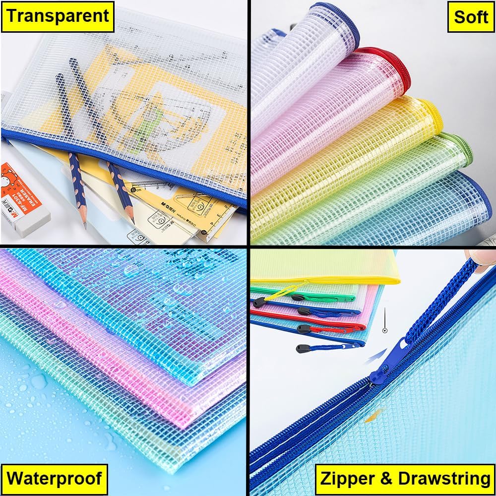 AUSTARK 20 Pcs Zipper File Bags, Plastic Mesh Pouch, Board Game Storage Bag, Waterproof Bags for Office School (B6 Size 7.6''x5.3'', Multicolored)