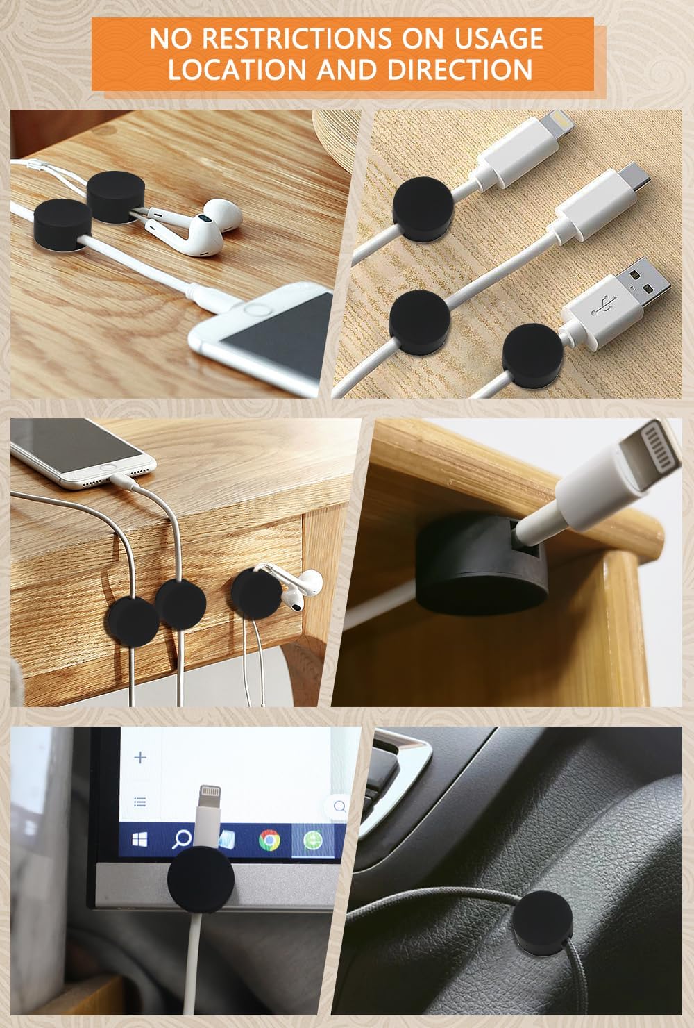 Maveek 5 Pcs Magnetic Cord Holder Cable Management, Strong Cable Clips Magnets Metal Plate, Adhesive Wire Organizers for Nightstand Desktop Wall Kitchen USB LAN (Black)