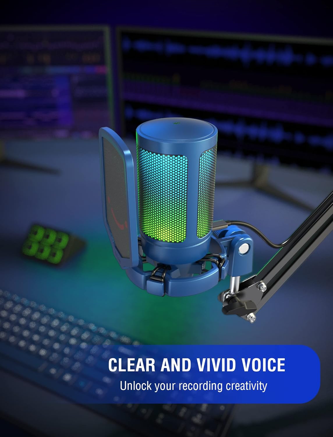 FIFINE Gaming Streaming USB PC Microphone for Mac OS/Windows, AmpliGame Condenser Cardioid Mic with RGB for Video Vocal Recording Twitch Discord, Gamer Computer Mic-Blue