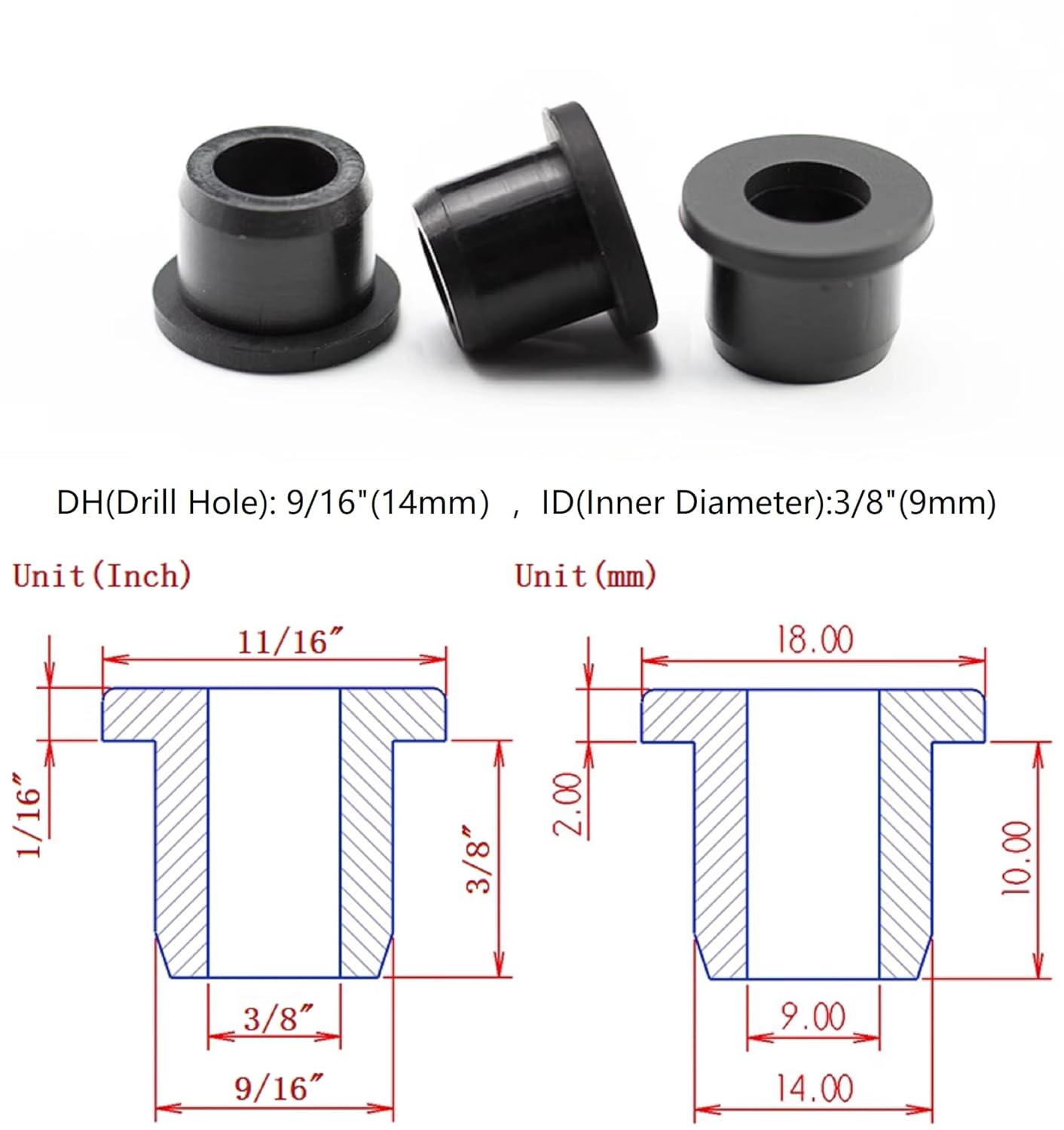 15 pcs 9/16" Drill Hole，3/8" ID Black Silicone Top hat Rubber Grommets for Wiring，Automotive，Firewall，Hole Plug，Desk，Screw，Water and Gas Pipe，Drain，House Siding，Cable Bushing，Glass，Wire Plug