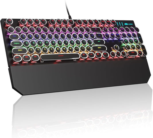 MageGee Typewriter Mechanical Gaming Keyboard, Retro Black Punk Round Keycaps RGB Rainbow Backlit Wired Keyboards for Laptop MAC PC Gamer, with Magnetic Wrist Rest - Blue Switch
