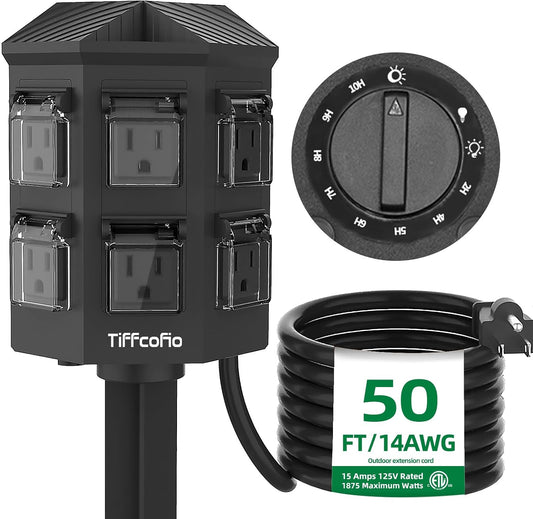 TiFFCOFiO Outdoor Power Strip Timer, Dusk to Dawn Light Sensor Countdown, 50 Feet Extension Cord Waterproof, 6 Grounded Outlets for Halloween and Christmas Decorations, ETL Listed (50 FT)