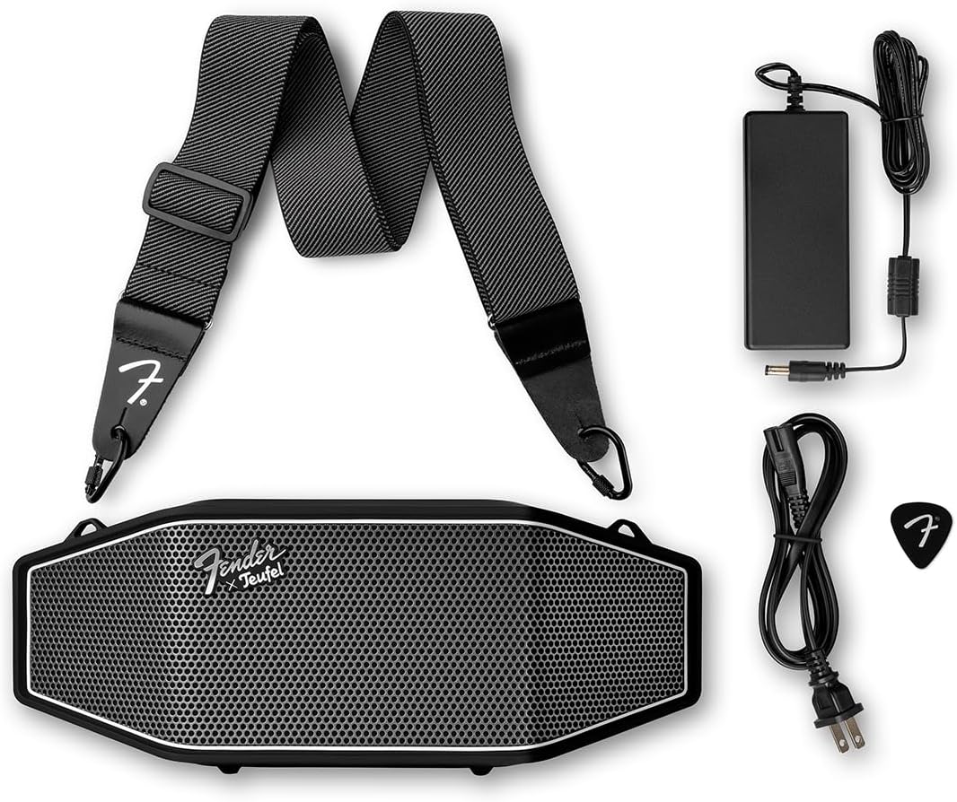Fender x Teufel ROCKSTER CROSS Portable Wireless Bluetooth Speaker – Rugged, Waterproof, 16 Hours of Battery, Powerful Stereo Sound, Subwoofer, Built-in Power Bank, Fender Guitar Strap (Black & Steel)