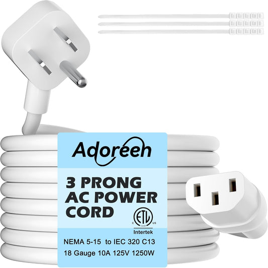 Adoreen 15 Ft Computer TV Replacement Power Cord White, Low Profile Flat Plug 18AWG 3-Prong AC Universal Power Supply Cable NEMA 5-15P to IEC 320 C13 for Printer, PC, Monitor TV LCD, ETL+Ties