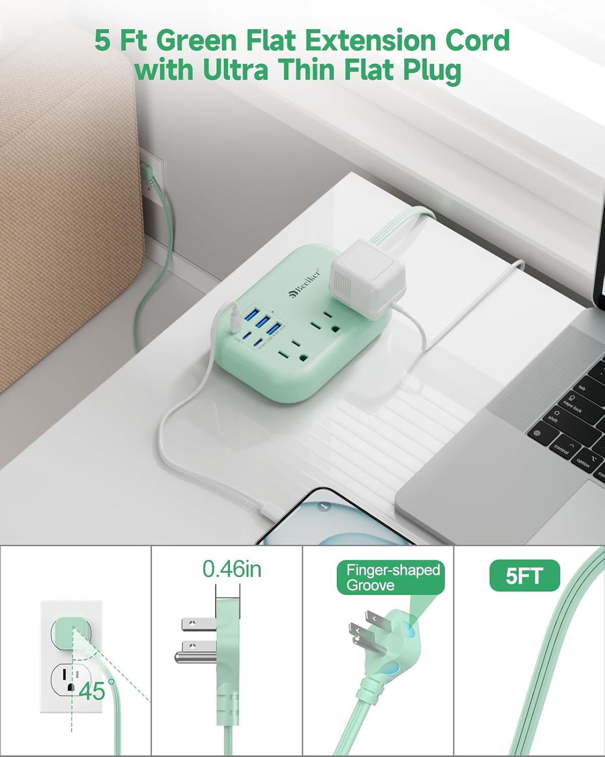 6 USB(3 USB C) Green Travel Power Strip- 5Ft Green Extension Cord with 6 USB Charging Station 24W and 3 Outlets, Cute Desk Accessories for Cruise Travel Kawaii Home Office Dorm Room