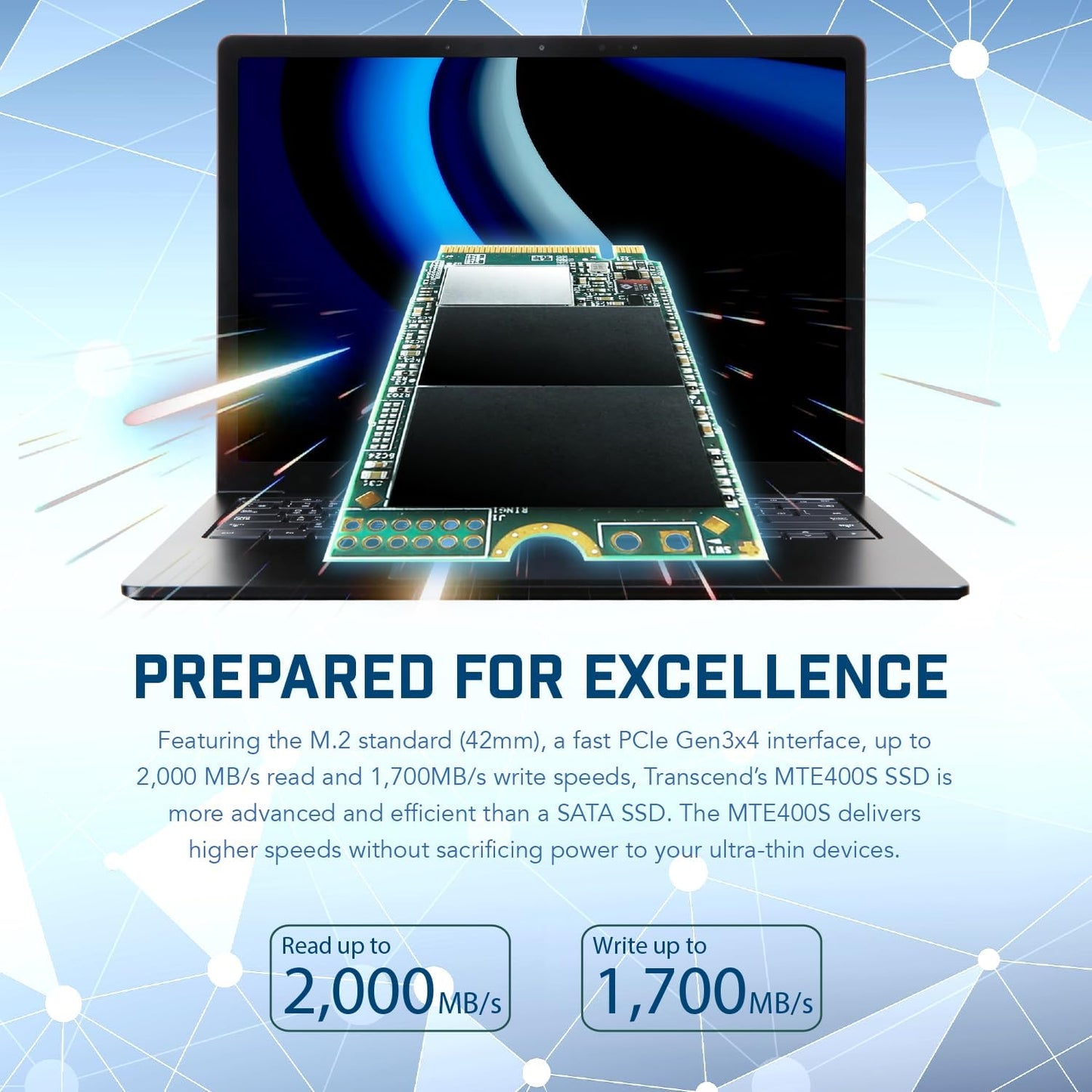 Transcend 2TB MTE400S M.2 2242 PCIe Gen3x4 SSD, Compatible with Ultra-Thin Laptops, Dram-Less Low Power, Up to 2000MB/s, TLC - TS2TMTE400S