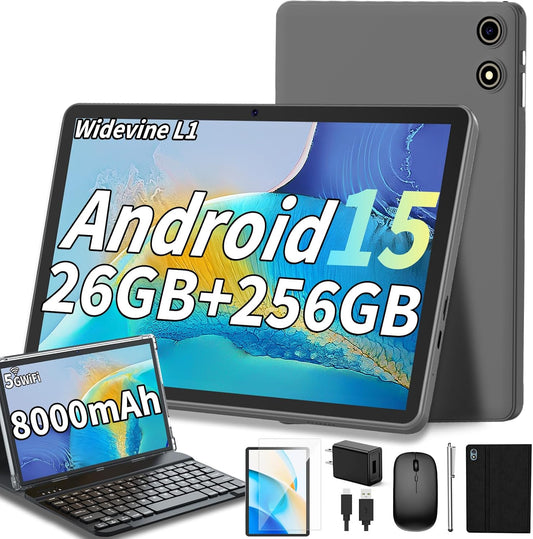 Android 15 Tablet, 26GB + 256GB (2TB Expandable), 10.1-inch Tablet with Keyboard, 8000 mAh Battery, BT 5.0, 5G WiFi, Widevine L1, 2-in-1 Tab with Mouse, Protective Case，Stylus (Black)