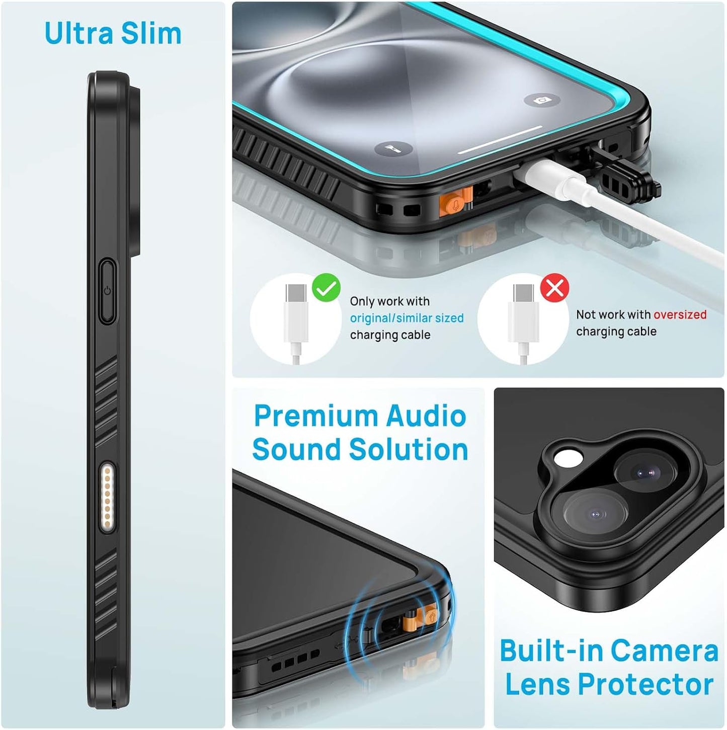 Lanhiem for iPhone 16 Plus Case, IP68 Waterproof Dustproof Shockproof Cases with Built-in Screen Protector, 360 Full Body Heavy Duty Rugged Phone Cover for iPhone 16 Plus - 6.7 inch (Blue)