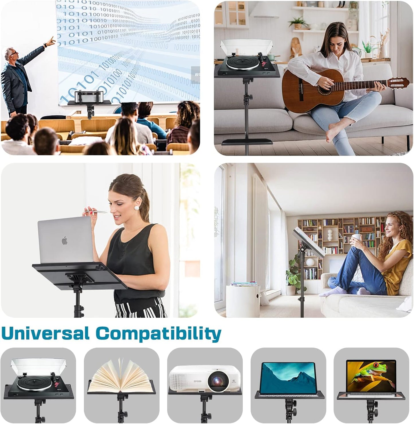 Lusweimi Projector Tripod Stand, 50” Laptop Stand with 2 Shelves for Projector, iPad, DJ Equipment, Portable Adjustable Floor Stand with Gooseneck Phone Holder for Office, Home, Stage or Studio