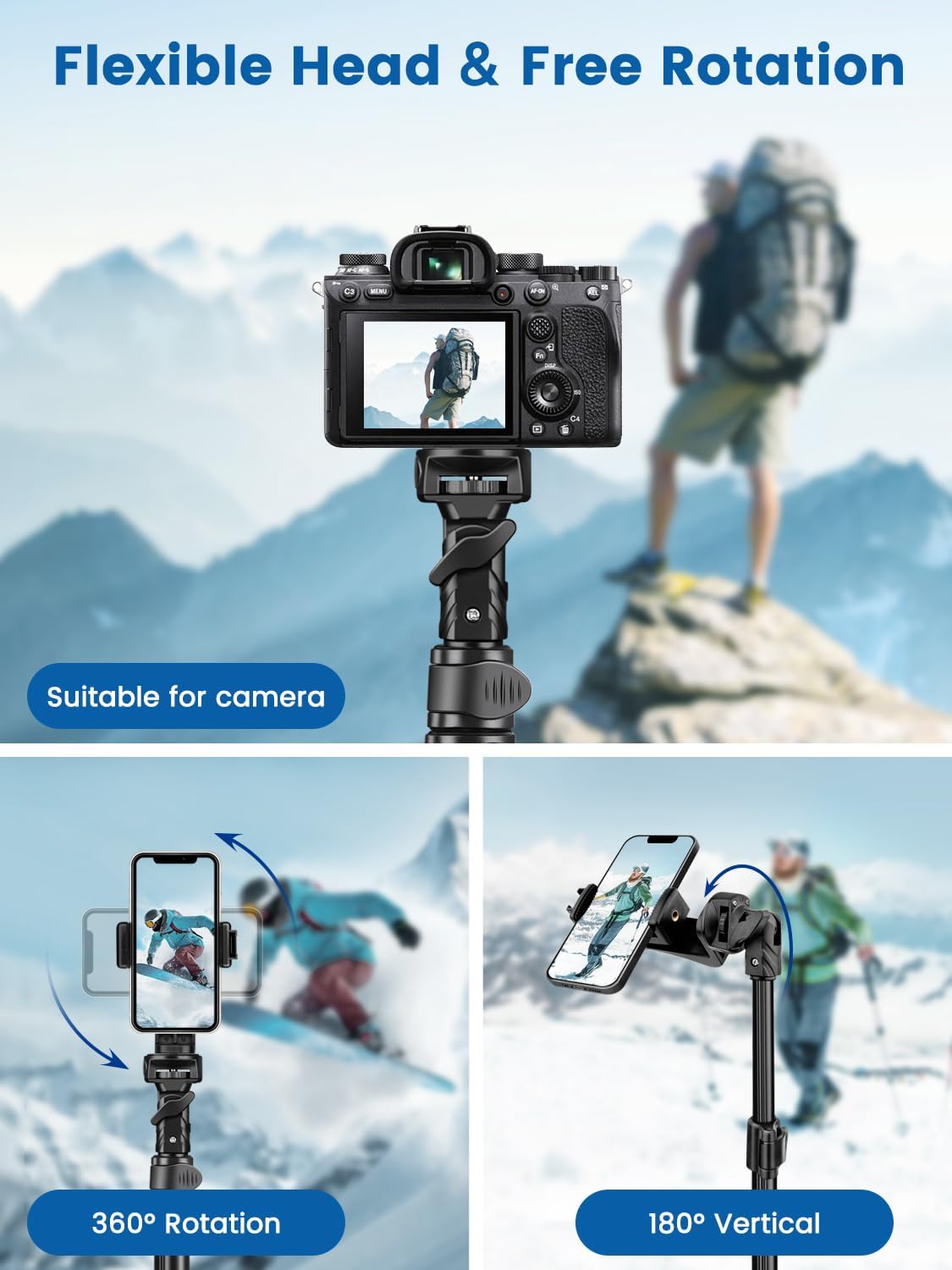 Phone Tripod, 72" Camera Stand Tripod with Remote and Phone Holder, Stable & Adjustable Tall, Suit for iPhone/Digital Camera