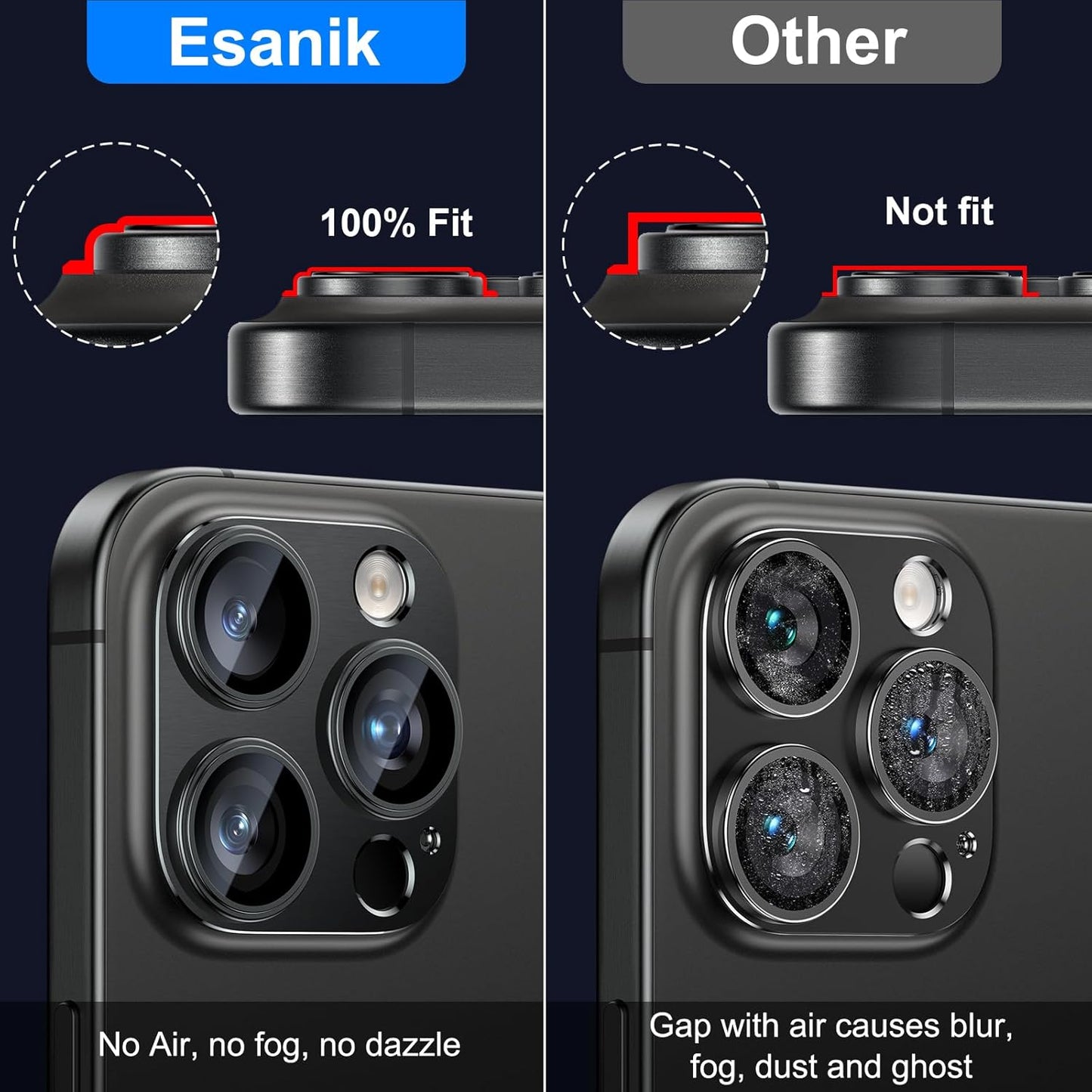 Esanik Upgrade 2 Pack for iPhone 15 Pro/iPhone 15 Pro Max Camera Lens Protector, Aluminum Alloy Metal matte Case Tempered Glass Camera Screen Cover, Scratch Resistant Case Friendly (Black)