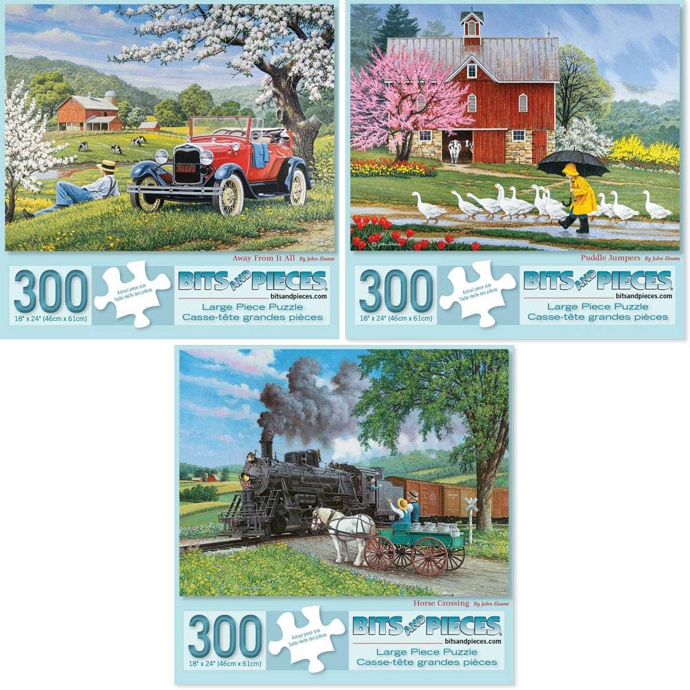 Bits and Pieces – Value Set of Three 300 Piece Jigsaw Puzzles for Adults – Old Country Farm Town Jigsaw Puzzles by Artist John Sloane, Completed Puzzle Size: 16" x 20"