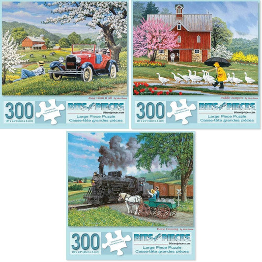 Bits and Pieces – Value Set of Three 300 Piece Jigsaw Puzzles for Adults – Old Country Farm Town Jigsaw Puzzles by Artist John Sloane, Completed Puzzle Size: 16" x 20"