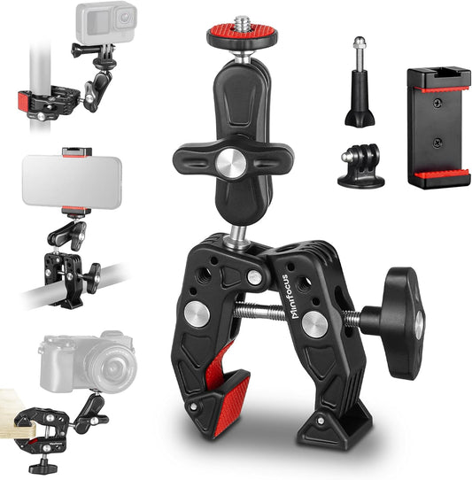 MINIFOCUS Super Clamp Camera Clamp Mount, 360° Ballhead Magic Arm with 1/4" 3/8" Port Extension Holder Adapter, Double Ball Head Adapter for Canon Nikon DSLR GoPro Action Camera Video Light