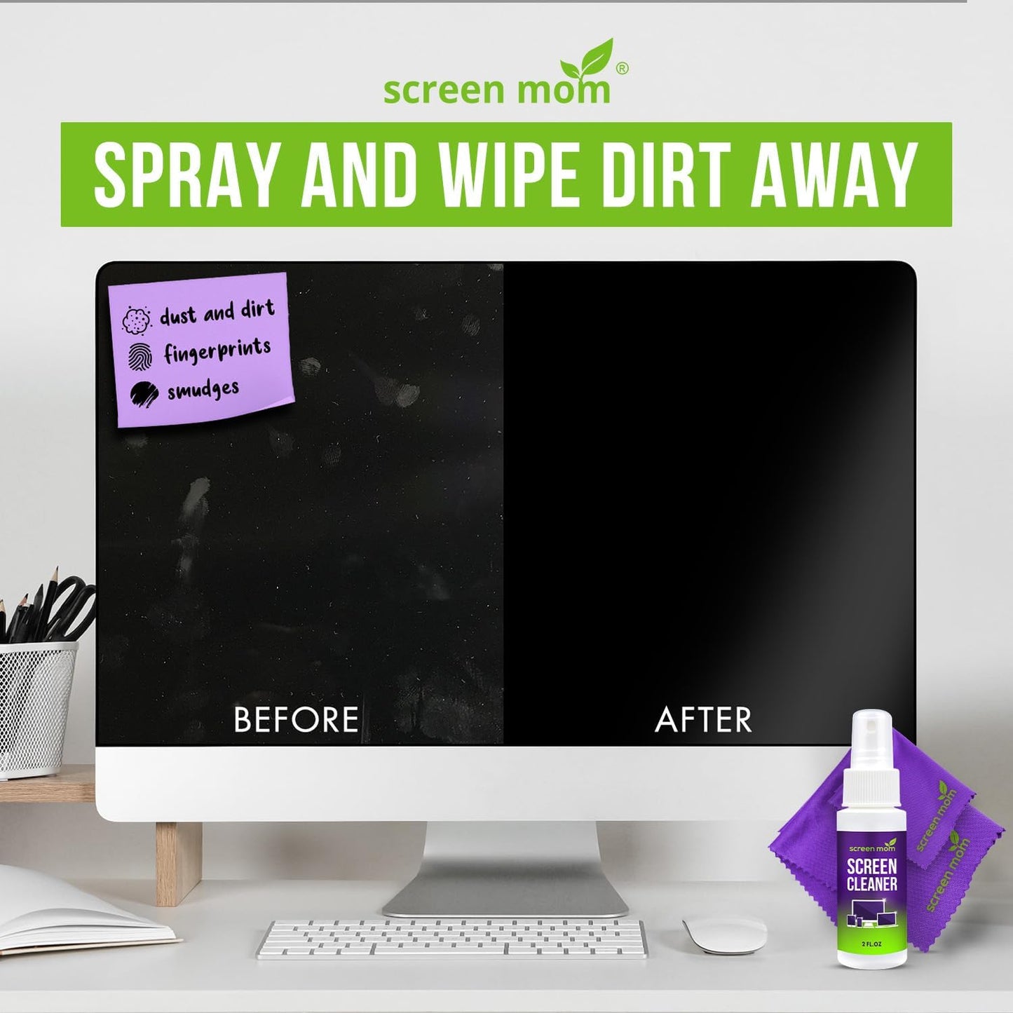 Screen Cleaner Spray and 2 Microfiber Cloths - 2oz Bottle by Screen Mom-Screen Cleaner Spray and Wipe for TV, Computer, Phone, iPad, Car Screen Cleaning Kit Electronic Cleaner Spray