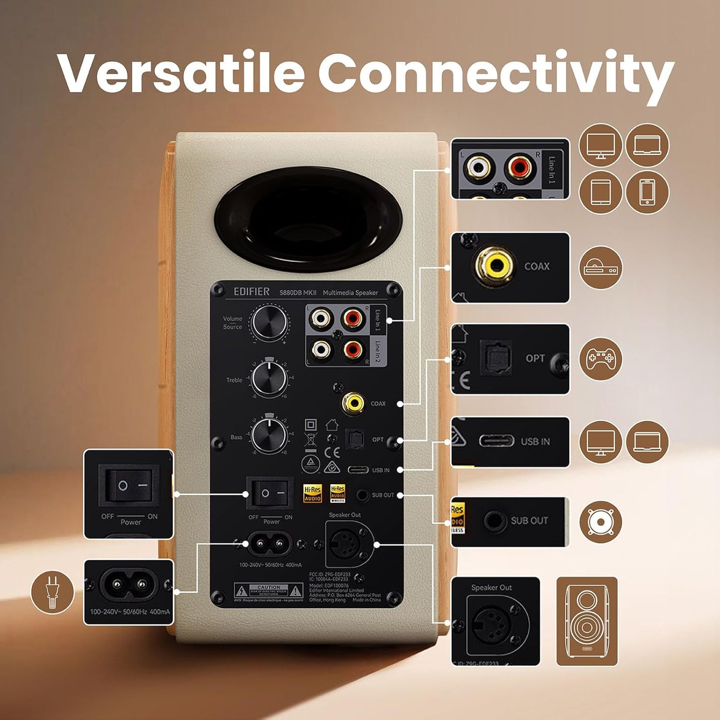 Edifier S880DB MKII Active Bookshelf Speakers,2.0Computer Hi-Fi Speaker System,88W RMS Hi-Res Audio with LDAC Bluetooth USB-C Optical Coaxial RCA Input Subwoofer Output for Record Player TV,Pair-White