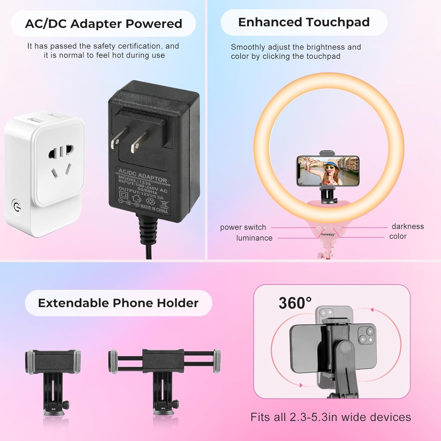 Aureday 14'' Pink Selfie Ring Light with 62'' Tripod Stand and Phone Holder, Dimmable LED Phone Ringlight for Makeup/Video Recording/Photography, Circle Lighting for Cell Phones&Lightweight Cameras