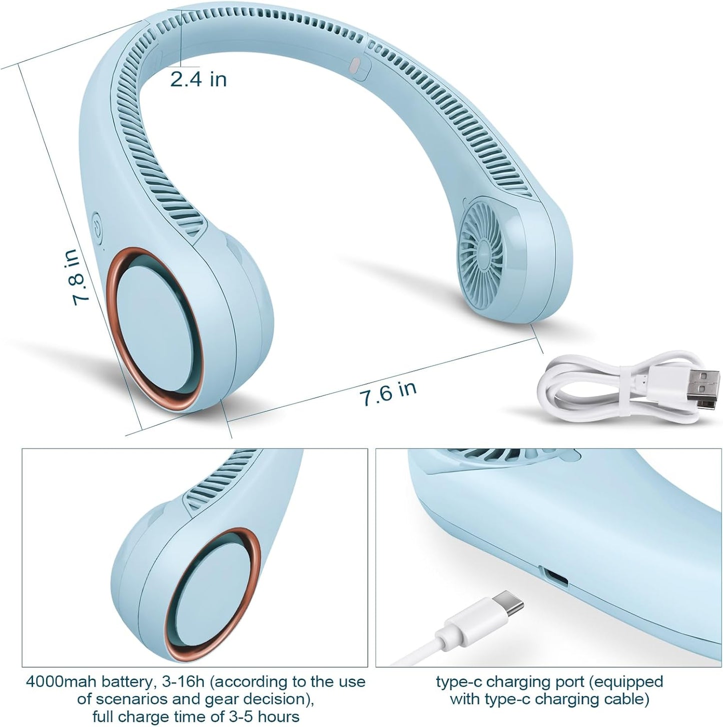 CIVPOWER Neck Fan: Portable Personal Neck Cooling Rechargeable Bladeless Fan - Hands Free 3 Speed 4000 mAh Battery USB Operated Wearable Headphone Design - for Men Women Outdoor Indoor (Light Blue)