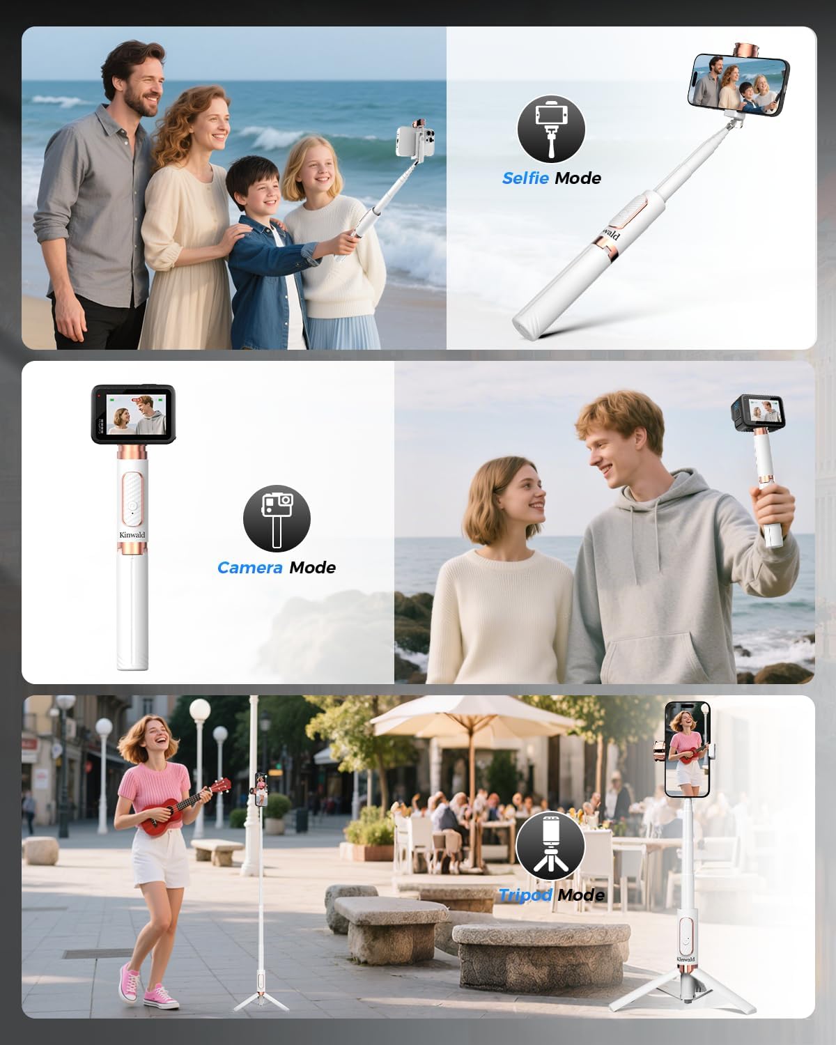Selfie Stick Tripod for iPhone & Android, Portable Phone Tripod Stand with Bluetooth Remote, One-Click Open, Compact & Lightweight, All-in-1 for Vlog/Travel/Photography (White)