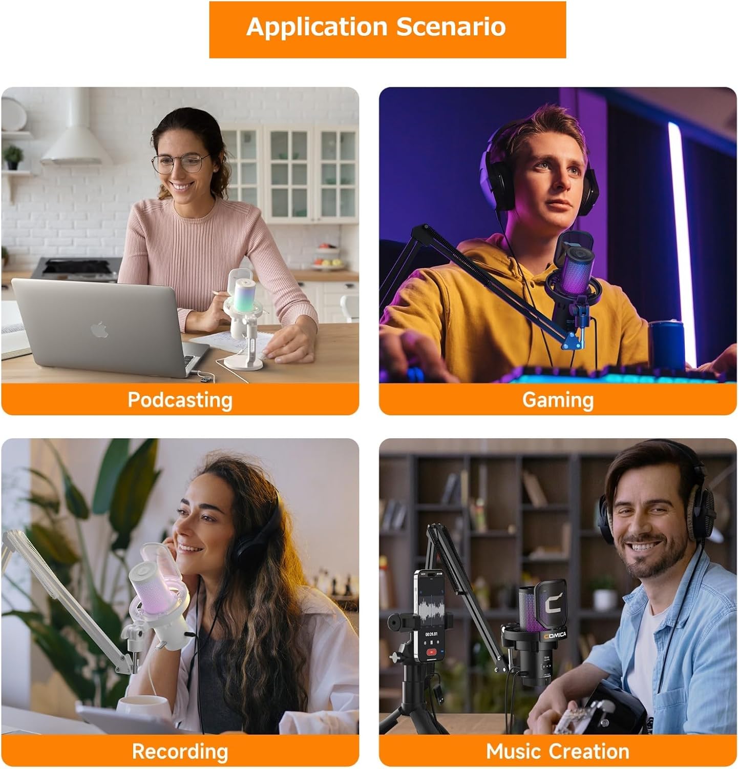 COMICA USB Microphone for Computer and Smartphone,48kHz/24bit RGB Cardioid Condenser Gaming Mic for Podcasting,Streaming,Recording,Music Creation,with Boom Arm Stand-Black(EJoy Uni A)