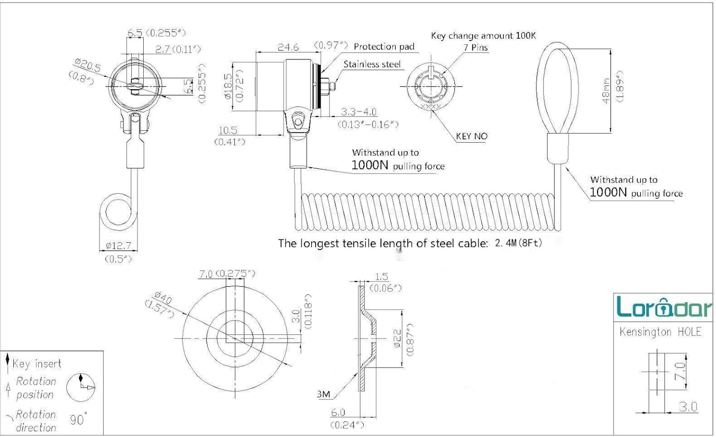 Security Retractable Cable Lock Portable Keyed Laptop Lock 5 Keys 8Ft for Monitors, Laptops, MacBooks, Tablets, iPad,Mac Mini,(5 Pack Keyed Alike)