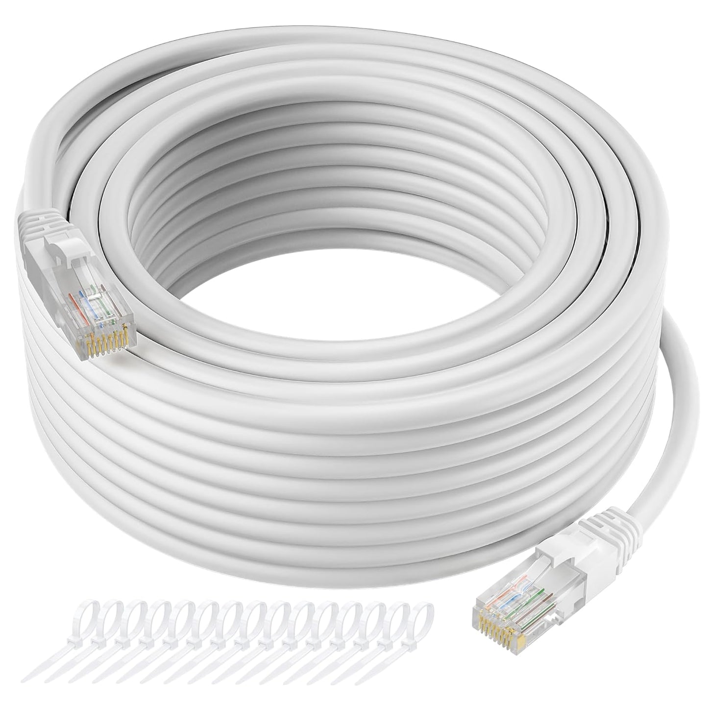 Cat5e Ethernet Cable 250 FT, Long Cat 5e Internet Cable, White Snagless Patch Cord, Flexible, Network, LAN, PoE, Standard RJ45 Connector for PC, Server, Router, Modem, TV, PS5 - with 15 Cable Ties