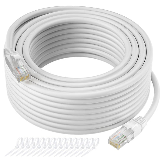 Cat5e Ethernet Cable 250 FT, Long Cat 5e Internet Cable, White Snagless Patch Cord, Flexible, Network, LAN, PoE, Standard RJ45 Connector for PC, Server, Router, Modem, TV, PS5 - with 15 Cable Ties