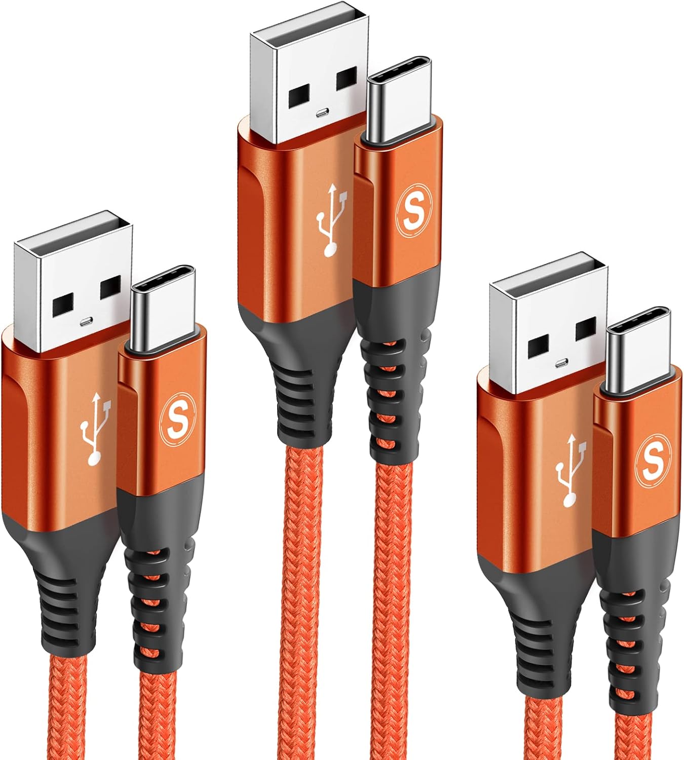 sweguard USB Type C Charger Cable 3.1A Fast Charging [3-Pack,10ft+6.6ft+3.3ft] Braided USB C Cord for iPhone 16 15 pro max Plus,Samsung Galaxy S24 S23 S22 S21 S20 S10 A53 Note Flip LG Moto PS5-Orange