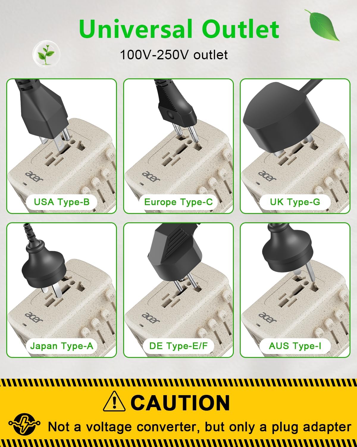 Acer Universal Travel Plug Adapter - International Power Adapter with 5 USB Ports (3 USB C) 5.8A, Worldwide Outlet Charger for USA to European UK France Germany Spain, Type C/E/F/G/I/L/A,Beige