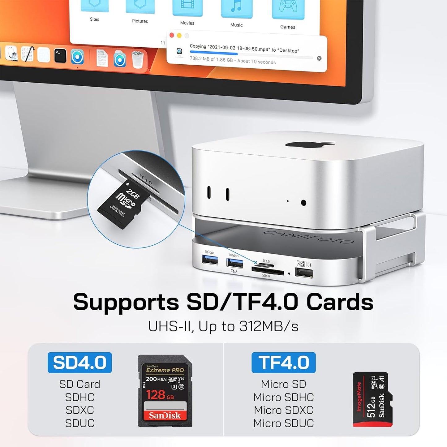 M-ac Mini M4 Dock with 4TB Sam-Sung T7 Portable SSD Enclosure(SSD NOT Included), 7-in-1 Aluminum Hub & Stand for Mac mini M4 and M4 Pro 2024, 10Gbps USB A 3.2, 15CM USB C Cable, SD/TF 4.0 Card Reader