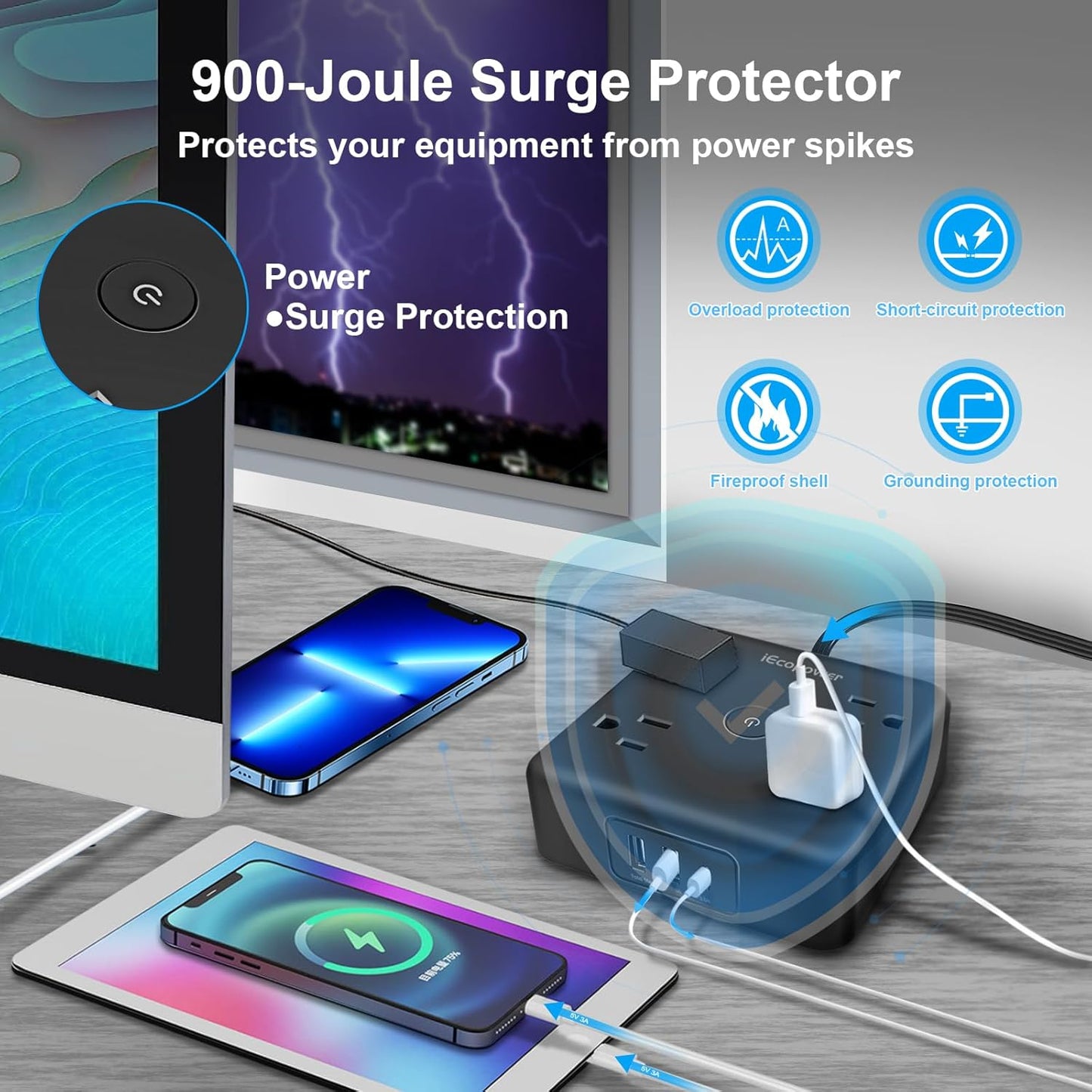 2 Pack Ultra Flat Plug Power Strip,Power Strips with Surge Protection-4 Widely Outlets,6 ft Flat Plug Extension Cord with 3 USB Ports(1 USB C Port),Slim Desk Charging Station,Black