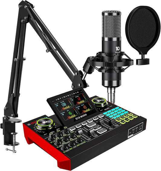 Podcast Equipment Bundle with 3.5mm Condenser Microphone for Pc/Phone Live Streaming Singing Gaming, Podcast Microphone Bundle with Live Sound Board Audio Mixer,Voice Changer, Denoise,DJ Sets