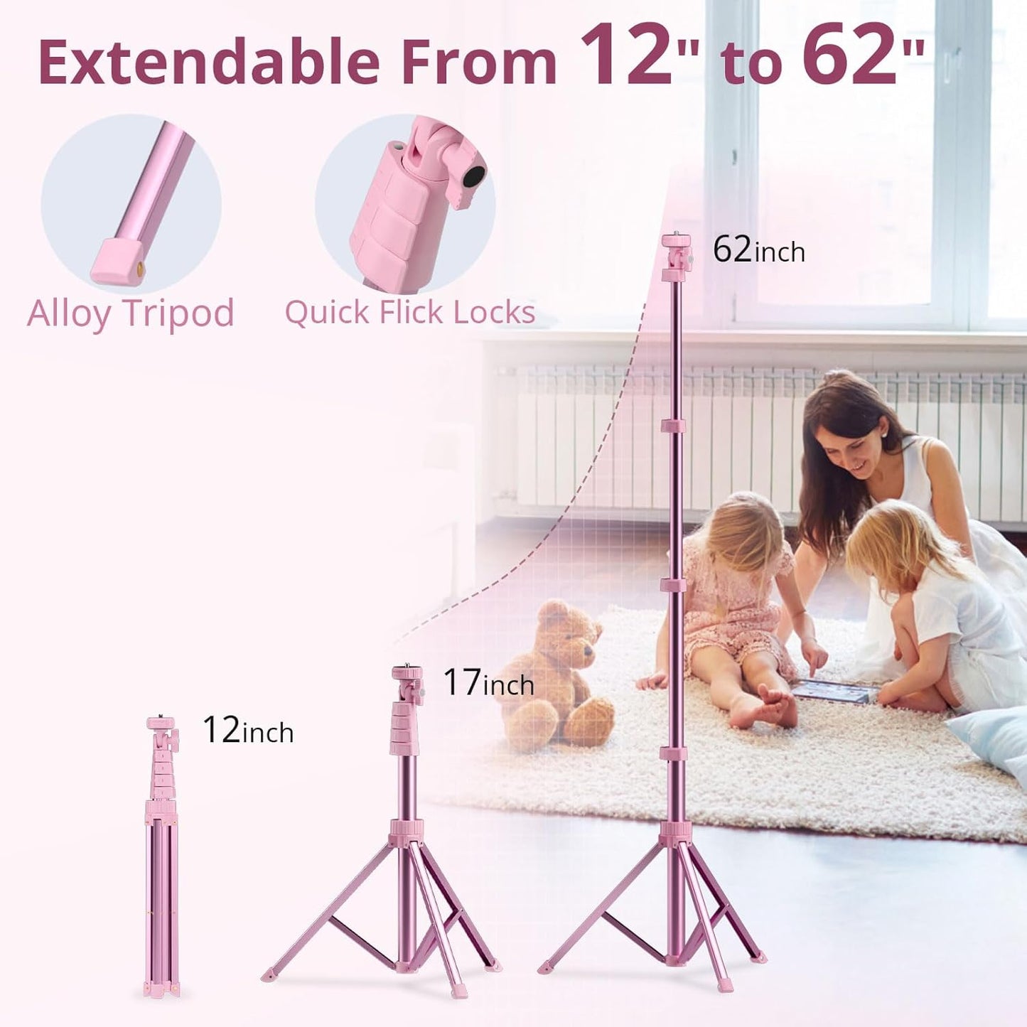 UBeesize 12'' Selfie Ring Light with 62’’ Tripod Stand for Video Recording, Live Streaming(YouTube, Instagram, TIK Tok), Compatible with Phones, Cameras and Webcams Pink