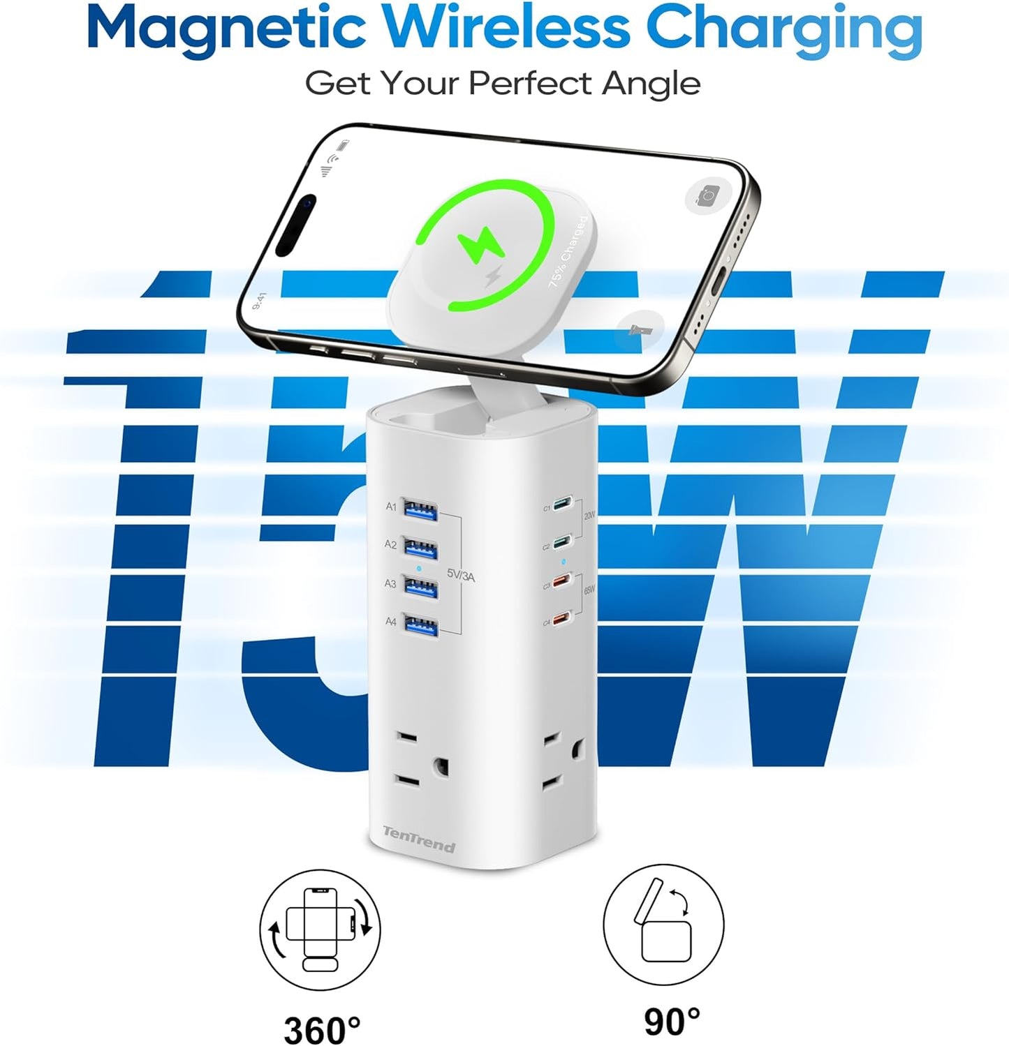 Power Strip Tower Surge Protector, TenTrend Flat Plug Extension Cord with 3AC Outlets & 8 USB Ports(4 USB-C), 115W Fast Charging Station for Home, Office Supplies, Dorm Room