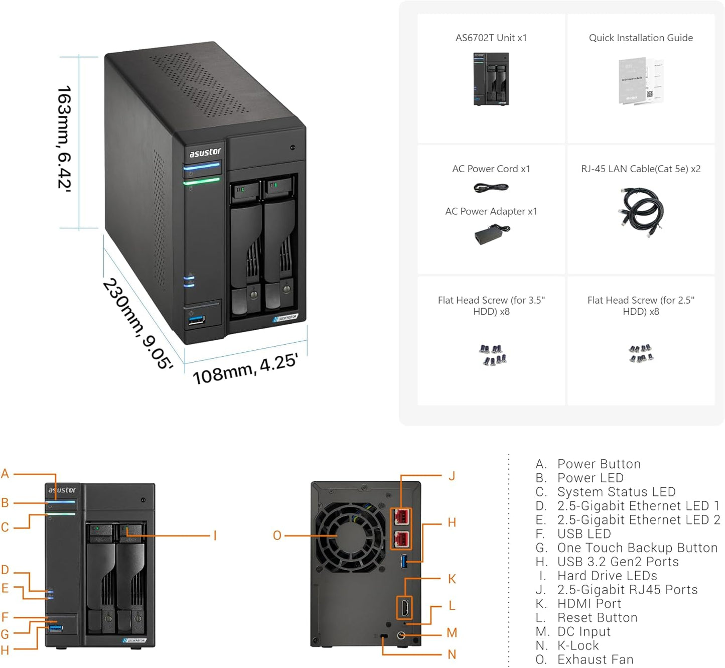 Asustor Lockerstor 2 Gen2 AS6702T - 2 Bay NAS, Quad-Core 2.0 GHz CPU, 4x M.2 NVMe slots (PCIe 3.0), Dual 2.5GbE, 4GB DDR4 RAM, Network Attached Storage (Diskless)