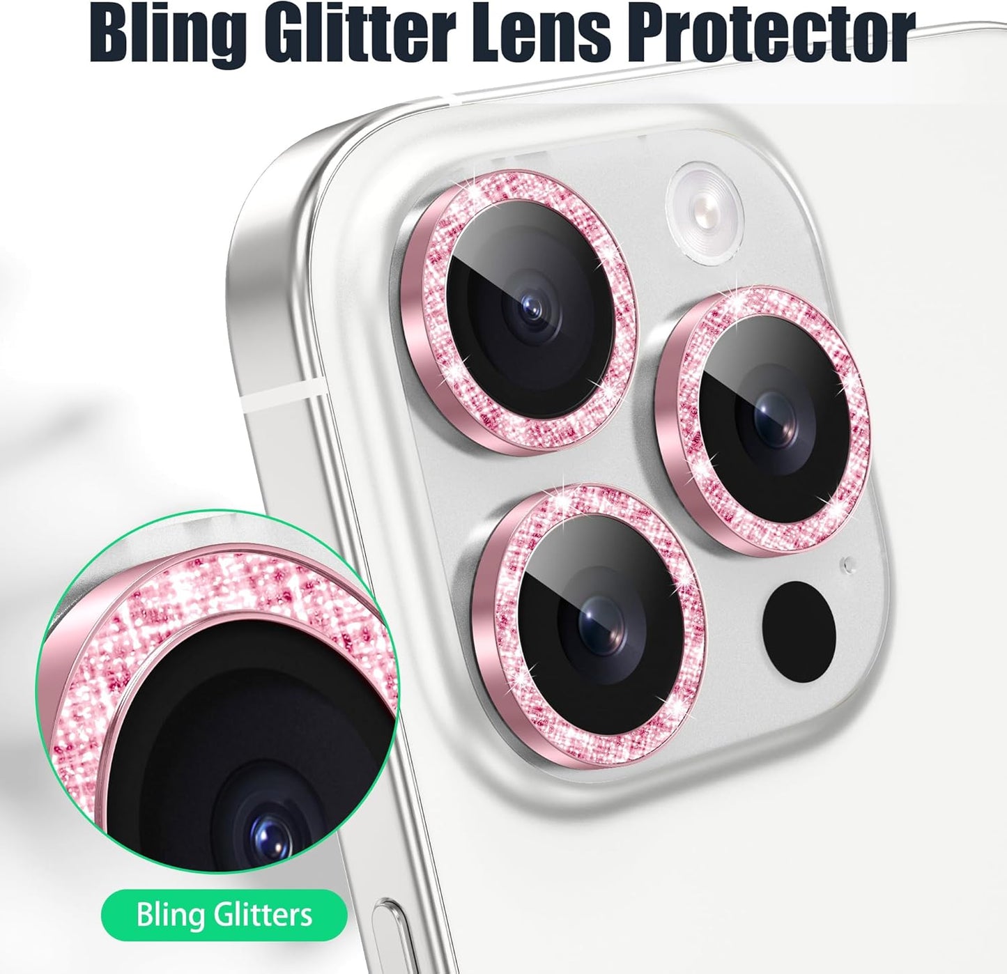 AGVEE 3+3 6 Pack for iPhone 16 Pro 6.3" / 16 Pro Max 6.9" Camera Lens Cover Protector, Bling Diamond & Bling Glitter Metal Ring 9H Tempered HD Glass Camera Cover Protector Film, Bling-Pink