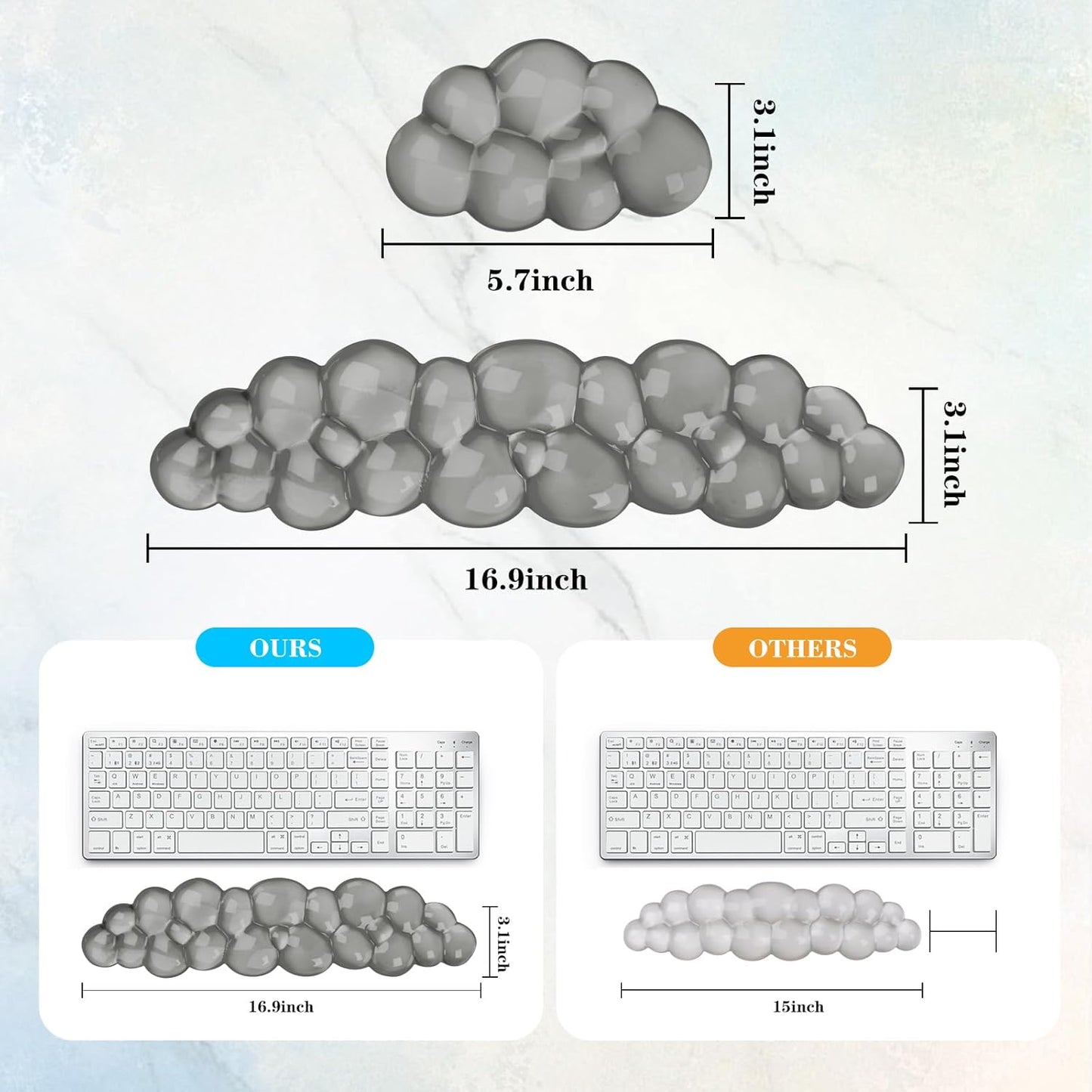 Gel Cloud Keyboard and Mouse Wrist Rest, Cute Wrist Support and Arm Support Keyboard Rest for Keyboard and Mouse Typing Pain Relief，Suitable for Office/Computer/Laptop/Gaming (Gray)