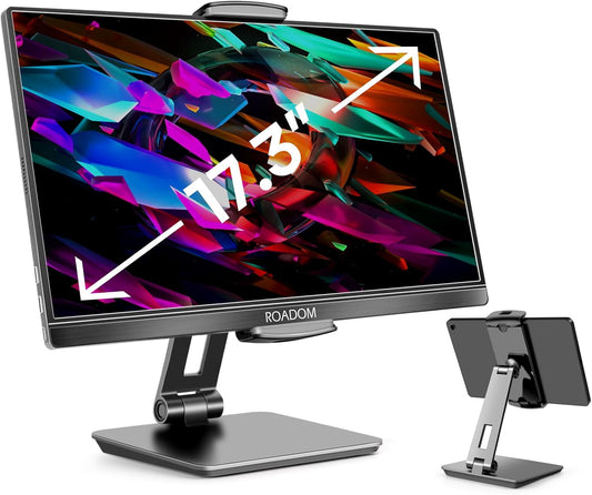 ROADOM Tablet Stand, Adjustable 360° Swivel Bracket, 180° Tiltable Clamp,Foldable Tablet Holder for 4.7-17.3'' iPhone/iPad/Tablet/Portable Monitor, Aluminum Alloy, Black