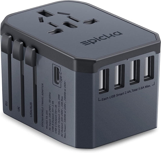EPICKA Universal Travel Adapter, European Travel Plug Adapter - International Power Adapter Worldwide Charger with USB-C & 4 USB-A Ports, Travel Essentials for Italy, UK, Japan (TA-105, Space Grey)