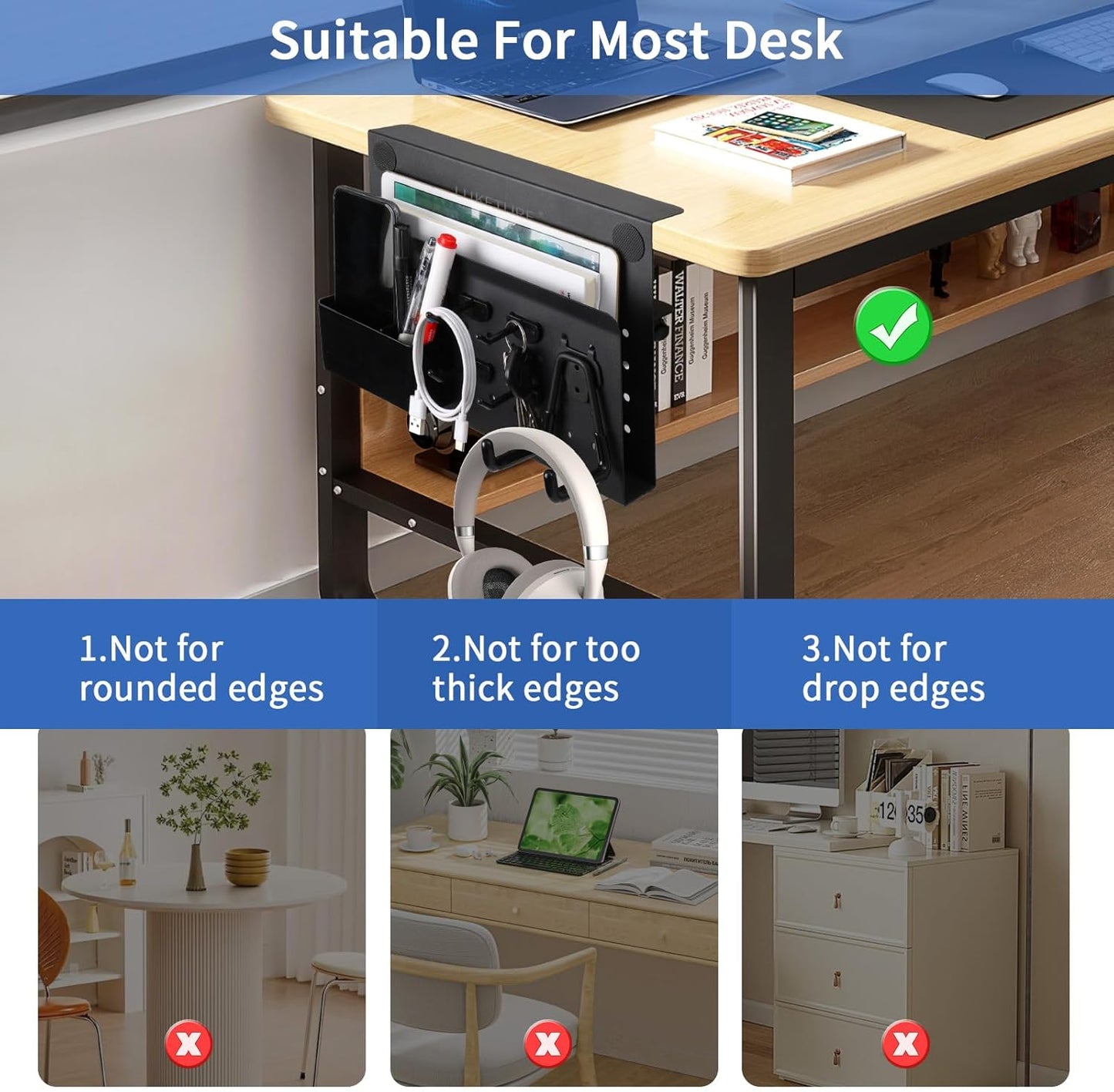 LUKETURE Desk Side Storage, No Drill Laptop Side Desk Mount, Steel Hanging Organizer, with Pegboard Accessories, Clamp on Laptop Holder for Office and Home, Fits Flat Edge Tables 0.3" to 2.8"